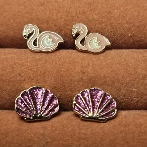 Flamingo and Shell Stud Earrings Set
